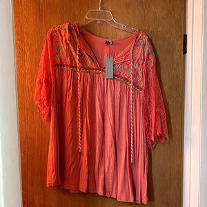 Anthropology Women's Coral Embroidered Lace Top